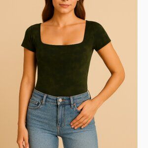 Olivaceous Marbled Green Short Sleeve Square Neck Thong Bodysuit Size M NWT